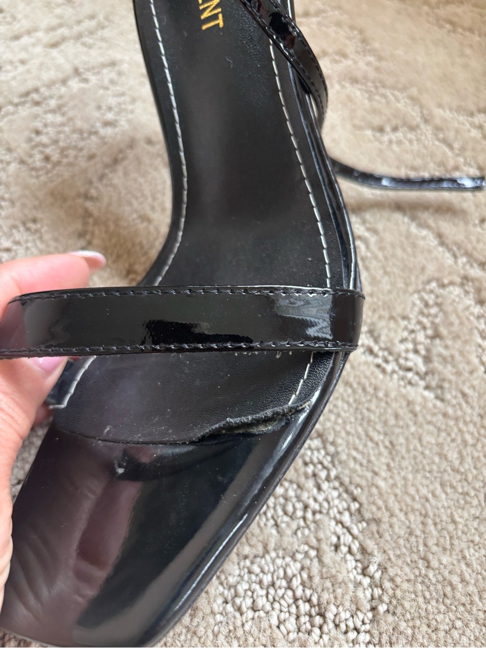 Saint Laurent Black Patent Opyum Logo Heel Sandals with Ankle Strap - Picture 6 of 6